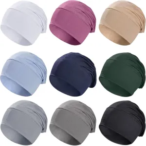 9 Pieces Solid Women Chemo Hat Stretchy Turban Beanie,Pre Tied Chemo Head Scarf Beanie Skull Cover Cap for Women Hair Loss