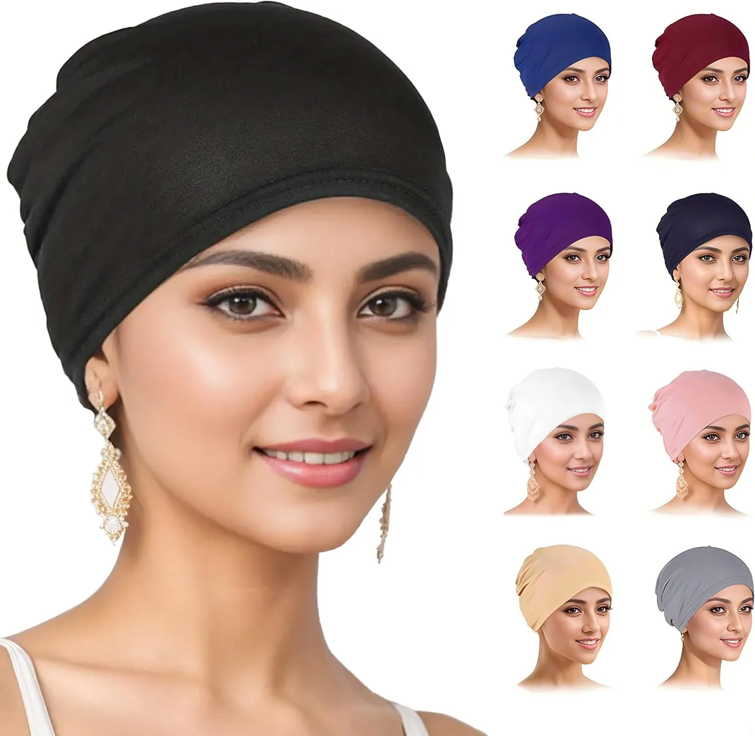 9 Pieces Solid Women Chemo Hat Stretchy Turban Beanie,Pre Tied Chemo Head Scarf Beanie Skull Cover Cap for Women Hair Loss