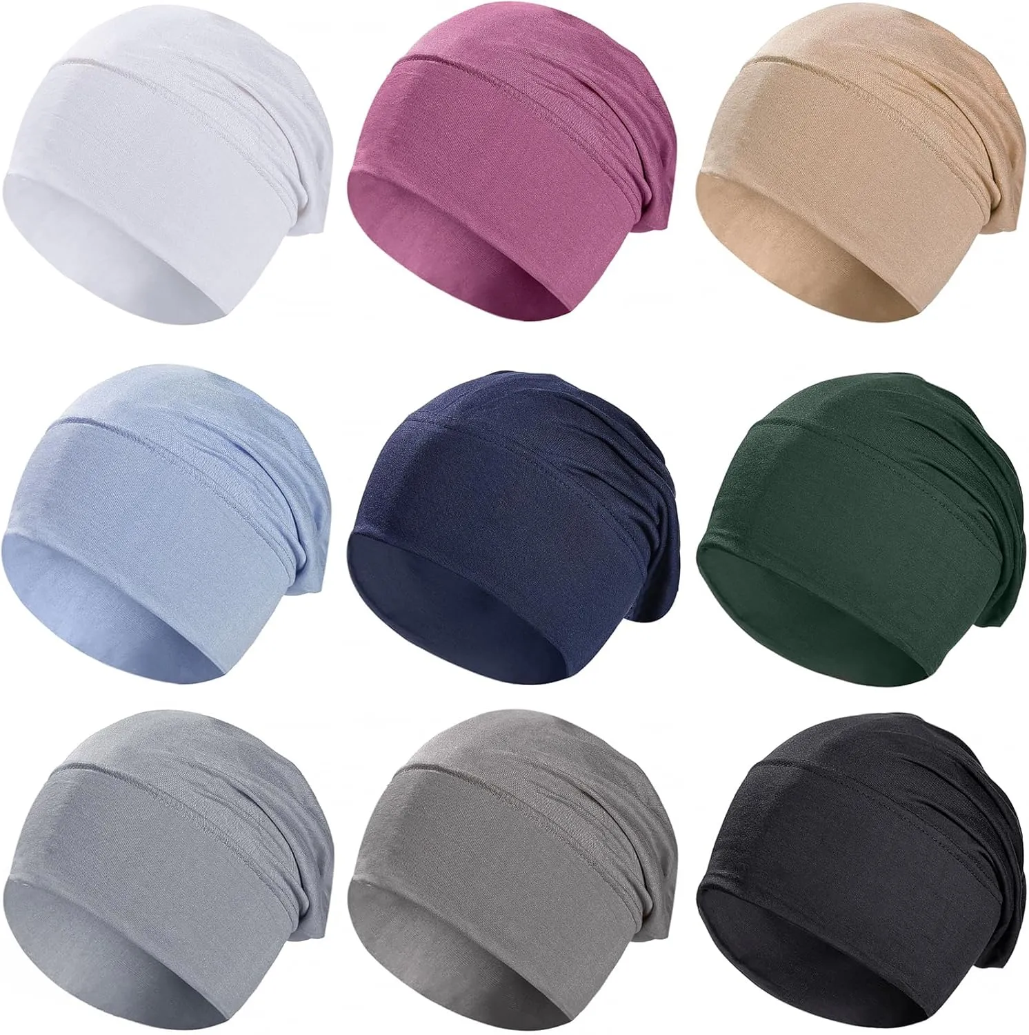 9 Pieces Solid Women Chemo Hat Stretchy Turban Beanie,Pre Tied Chemo Head Scarf Beanie Skull Cover Cap for Women Hair Loss