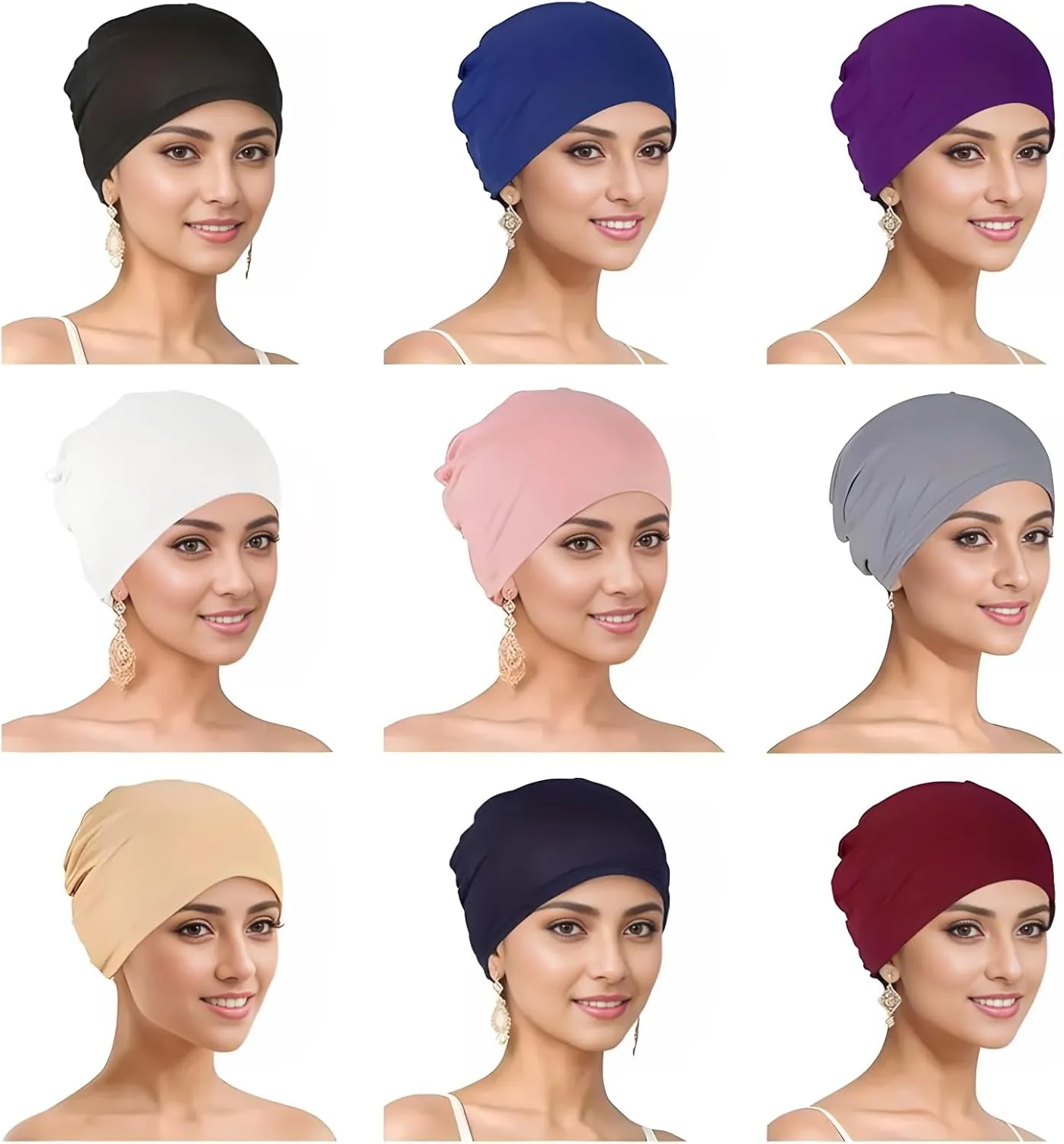9 Pieces Solid Women Chemo Hat Stretchy Turban Beanie,Pre Tied Chemo Head Scarf Beanie Skull Cover Cap for Women Hair Loss