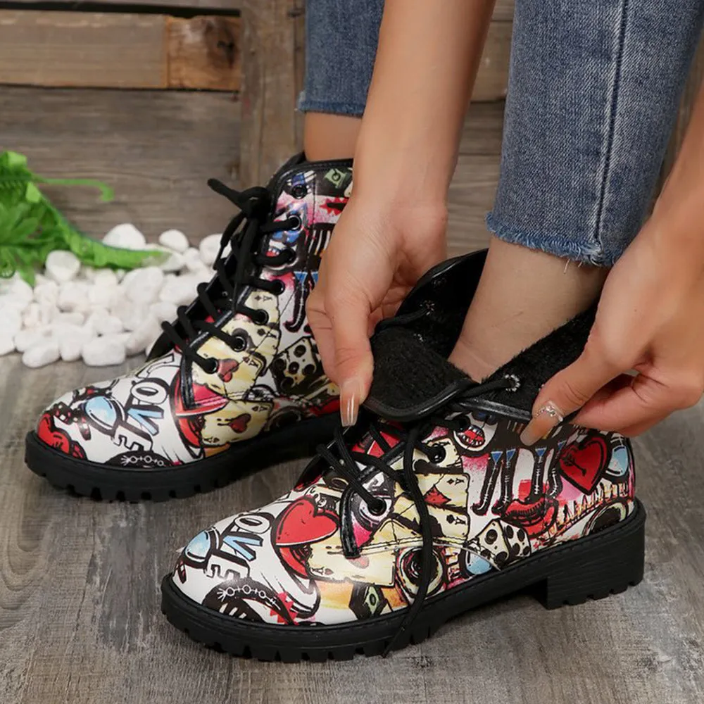 Betterthy Lace Up Thickened Boots: A Graffiti-Inspired Fashion Statement for the Trendy Outdoors