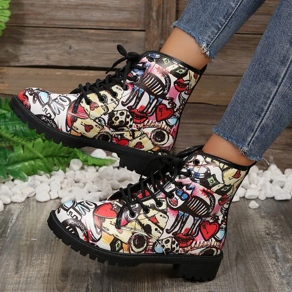 Betterthy Lace Up Thickened Boots: A Graffiti-Inspired Fashion Statement for the Trendy Outdoors