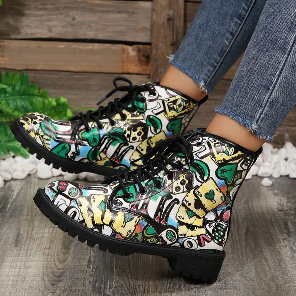 Betterthy Lace Up Thickened Boots: A Graffiti-Inspired Fashion Statement for the Trendy Outdoors