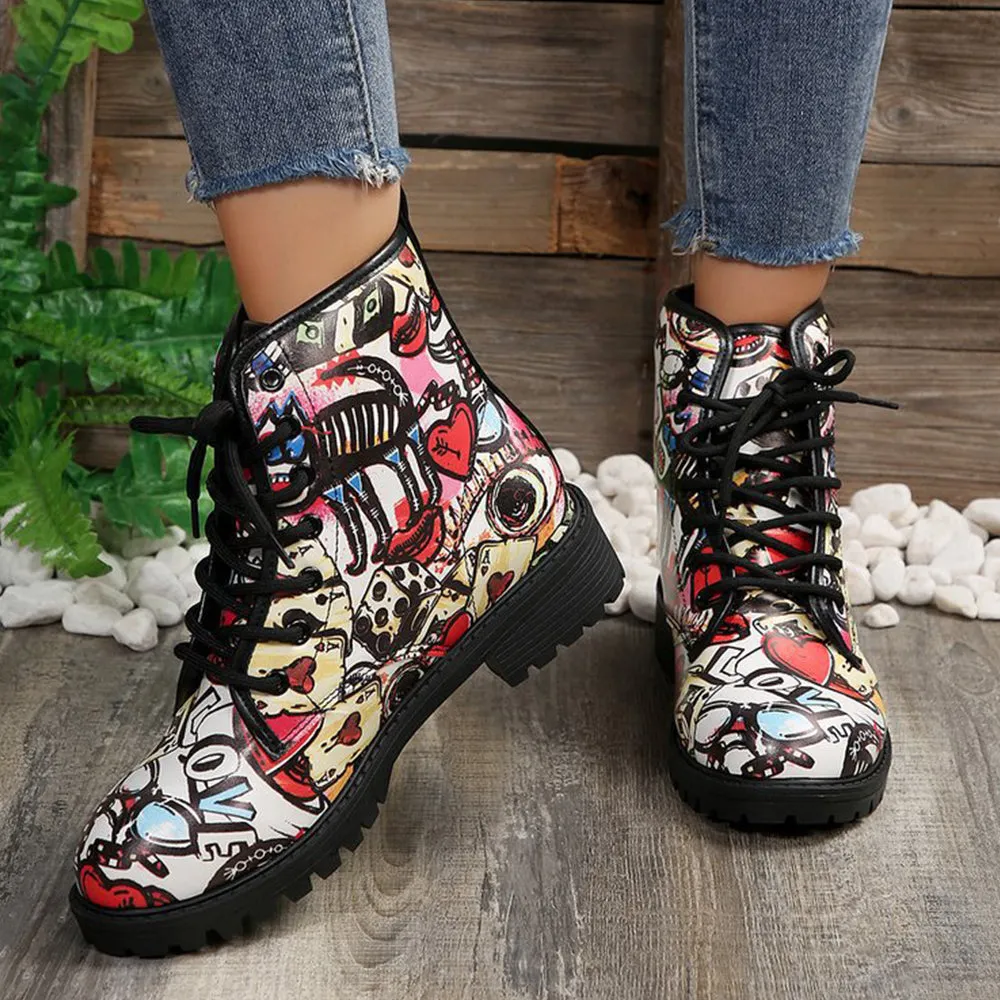 Betterthy Lace Up Thickened Boots: A Graffiti-Inspired Fashion Statement for the Trendy Outdoors