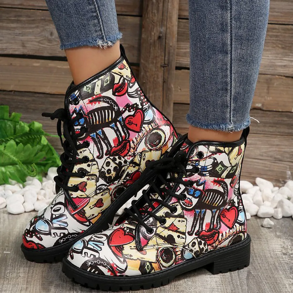 Betterthy Lace Up Thickened Boots: A Graffiti-Inspired Fashion Statement for the Trendy Outdoors
