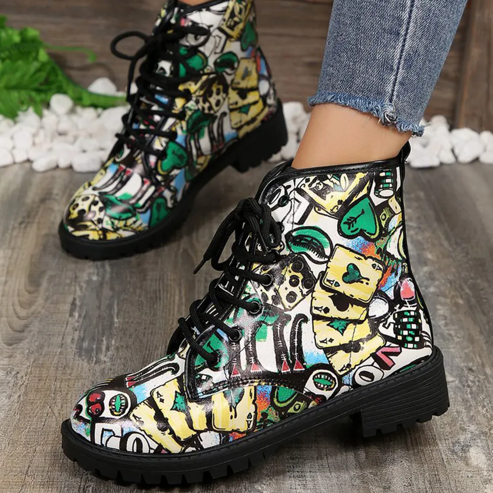 Betterthy Lace Up Thickened Boots: A Graffiti-Inspired Fashion Statement for the Trendy Outdoors