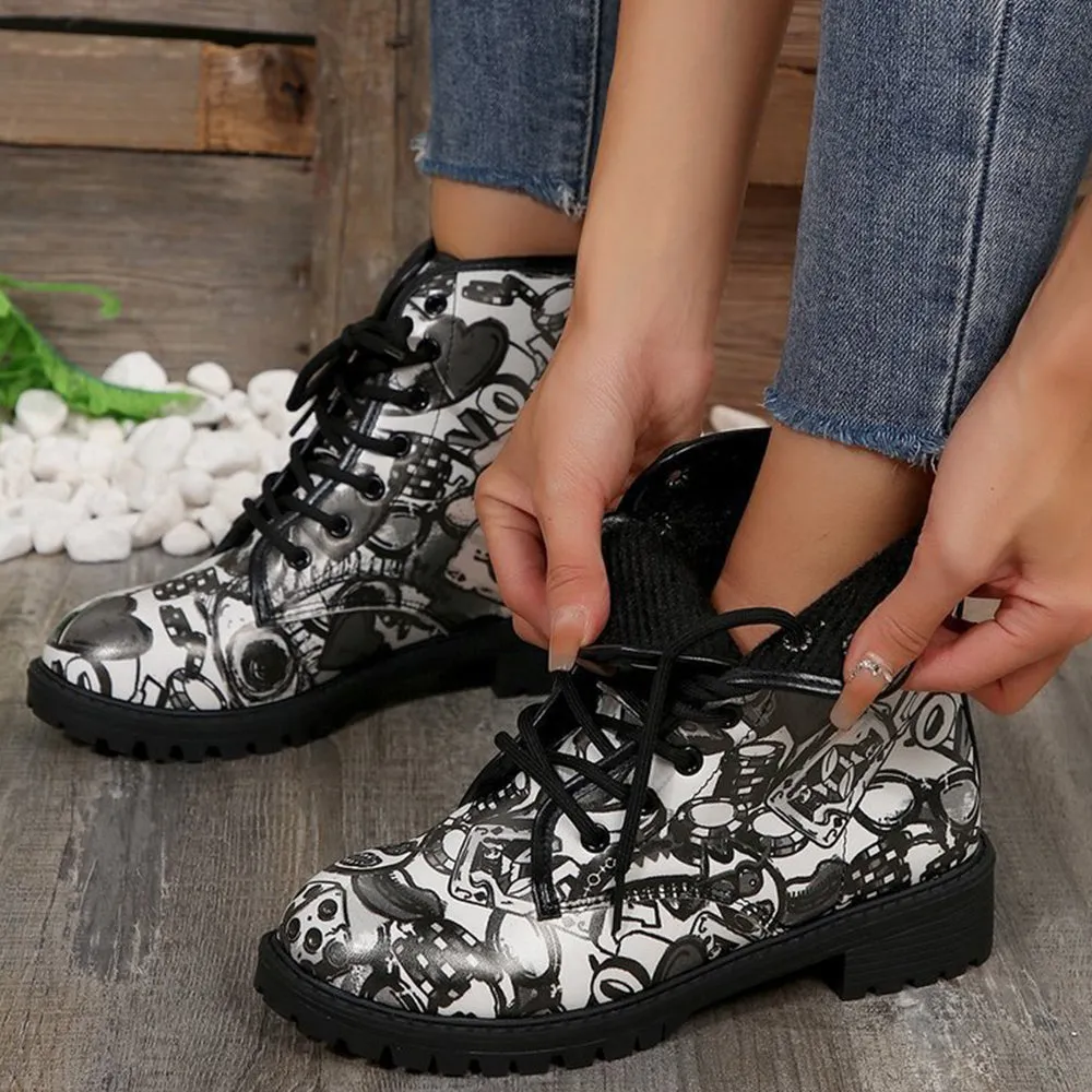 Betterthy Lace Up Thickened Boots: A Graffiti-Inspired Fashion Statement for the Trendy Outdoors