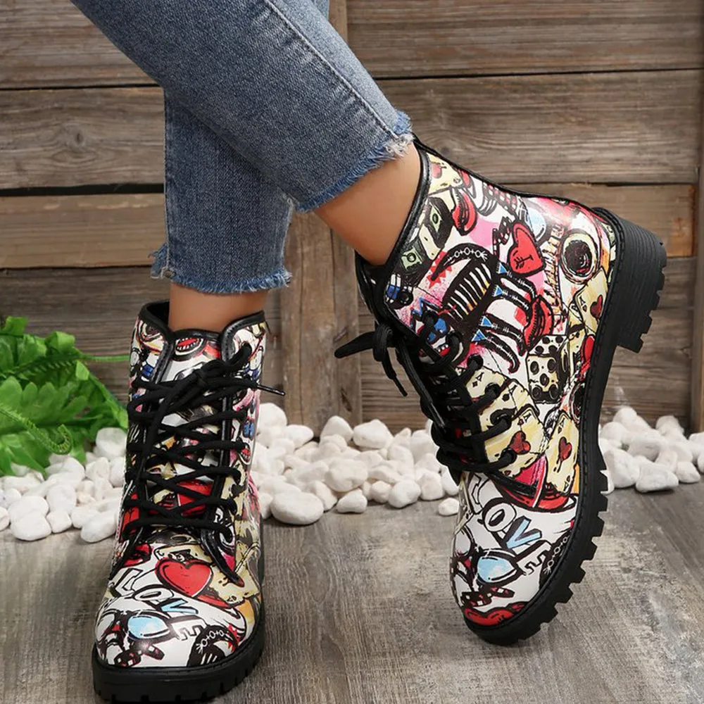 Betterthy Lace Up Thickened Boots: A Graffiti-Inspired Fashion Statement for the Trendy Outdoors