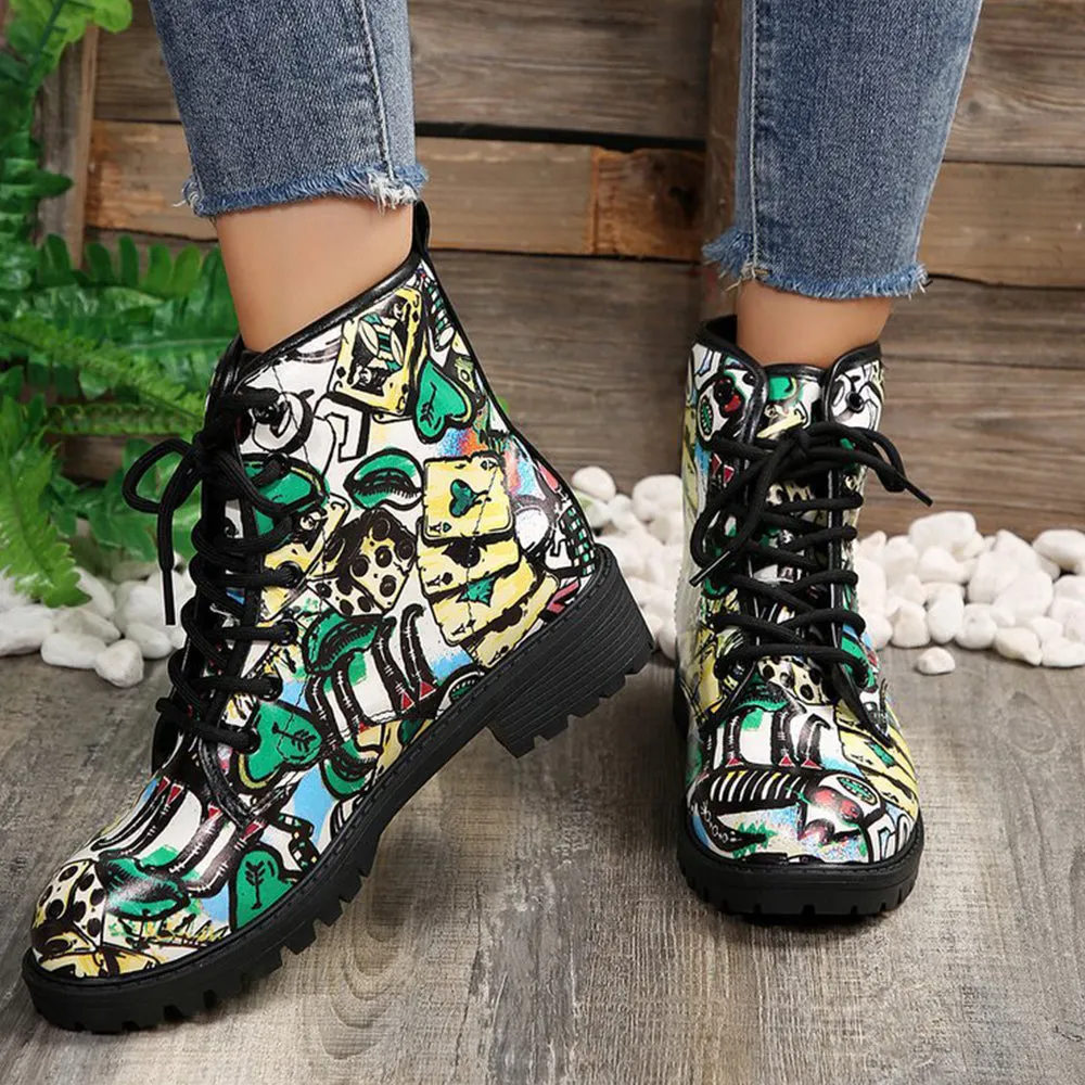 Betterthy Lace Up Thickened Boots: A Graffiti-Inspired Fashion Statement for the Trendy Outdoors