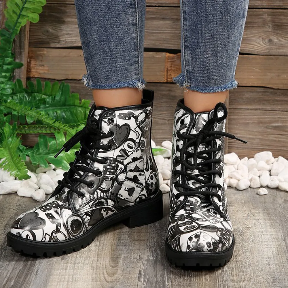 Betterthy Lace Up Thickened Boots: A Graffiti-Inspired Fashion Statement for the Trendy Outdoors