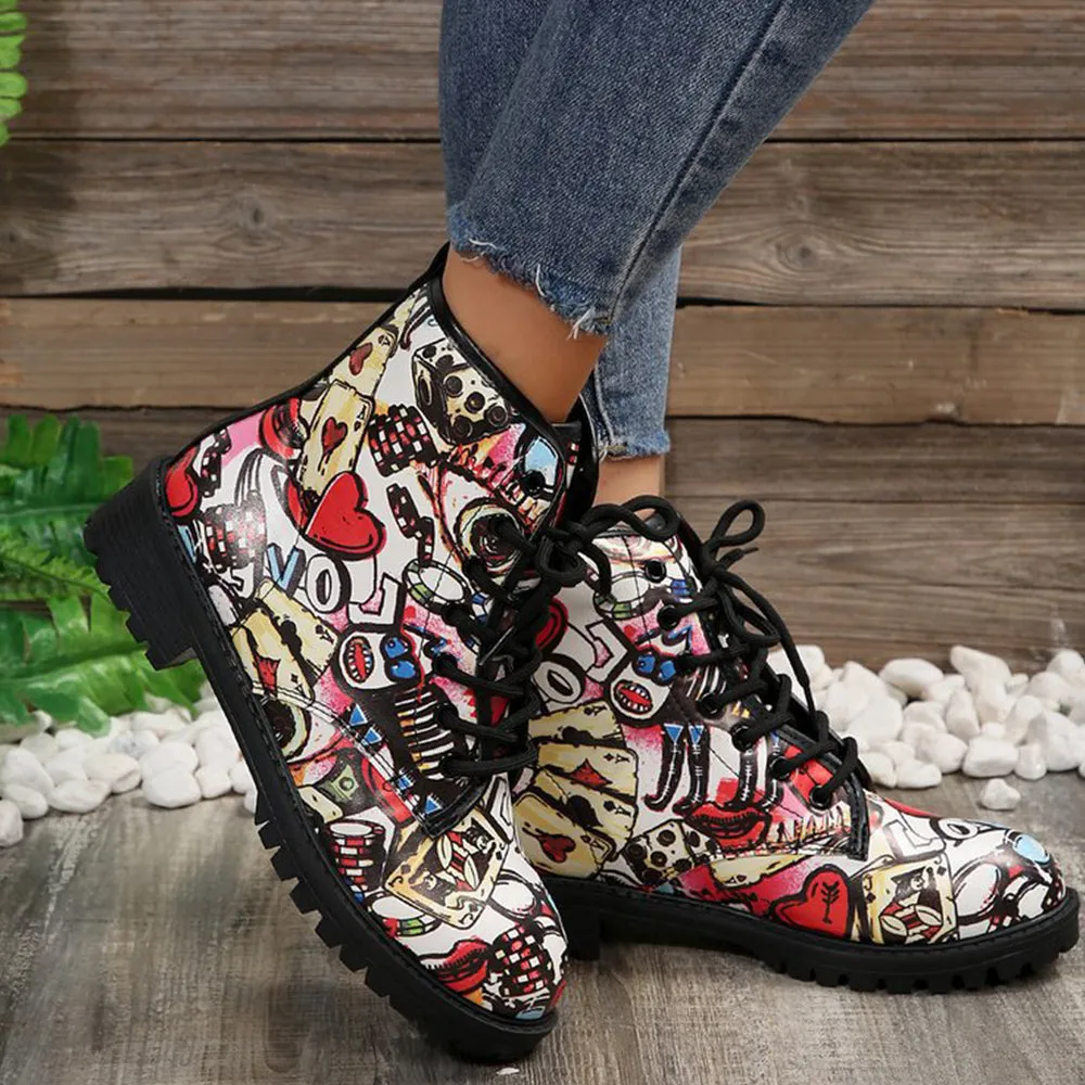 Betterthy Lace Up Thickened Boots: A Graffiti-Inspired Fashion Statement for the Trendy Outdoors