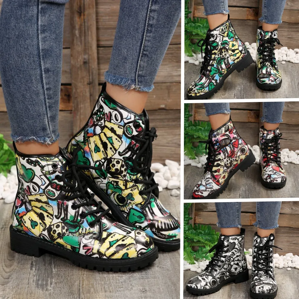Betterthy Lace Up Thickened Boots: A Graffiti-Inspired Fashion Statement for the Trendy Outdoors