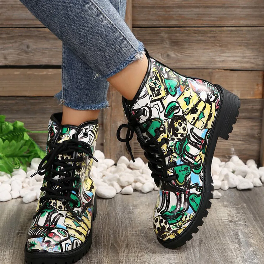 Betterthy Lace Up Thickened Boots: A Graffiti-Inspired Fashion Statement for the Trendy Outdoors