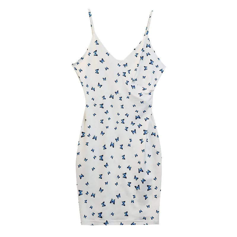 Butterfly Print Slim Suspender Dress - GlamzLife