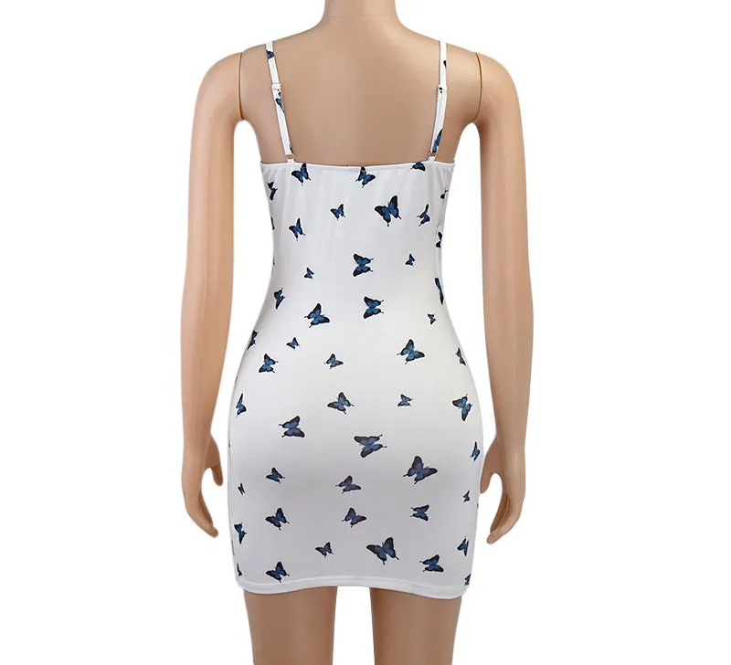 Butterfly Print Slim Suspender Dress - GlamzLife