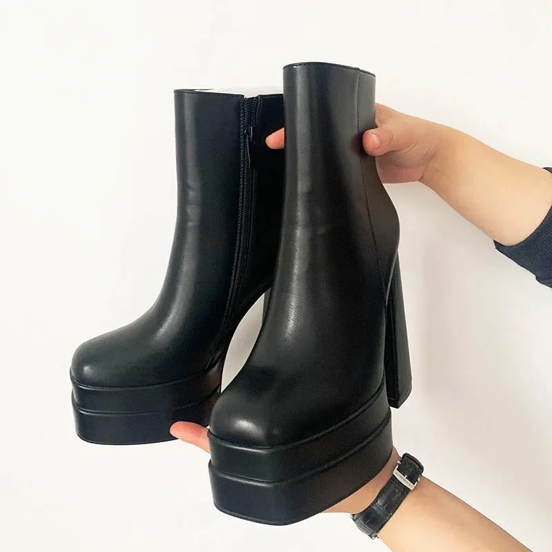 Chic and Trendy Chunky Square High Heel Zippered Ankle Boots for Women