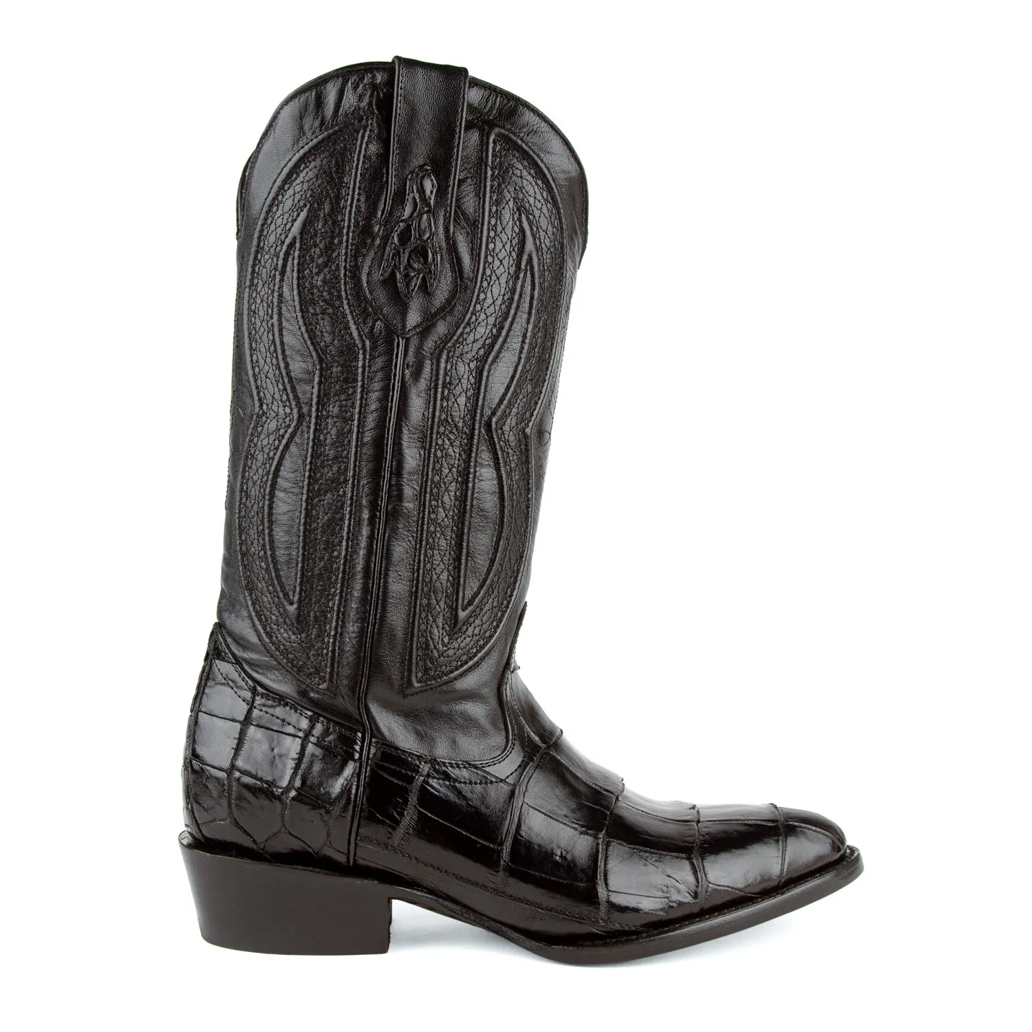 Ferrini Mens Black Leather Alligator Belly R-Toe Stallion Cowboy Boots