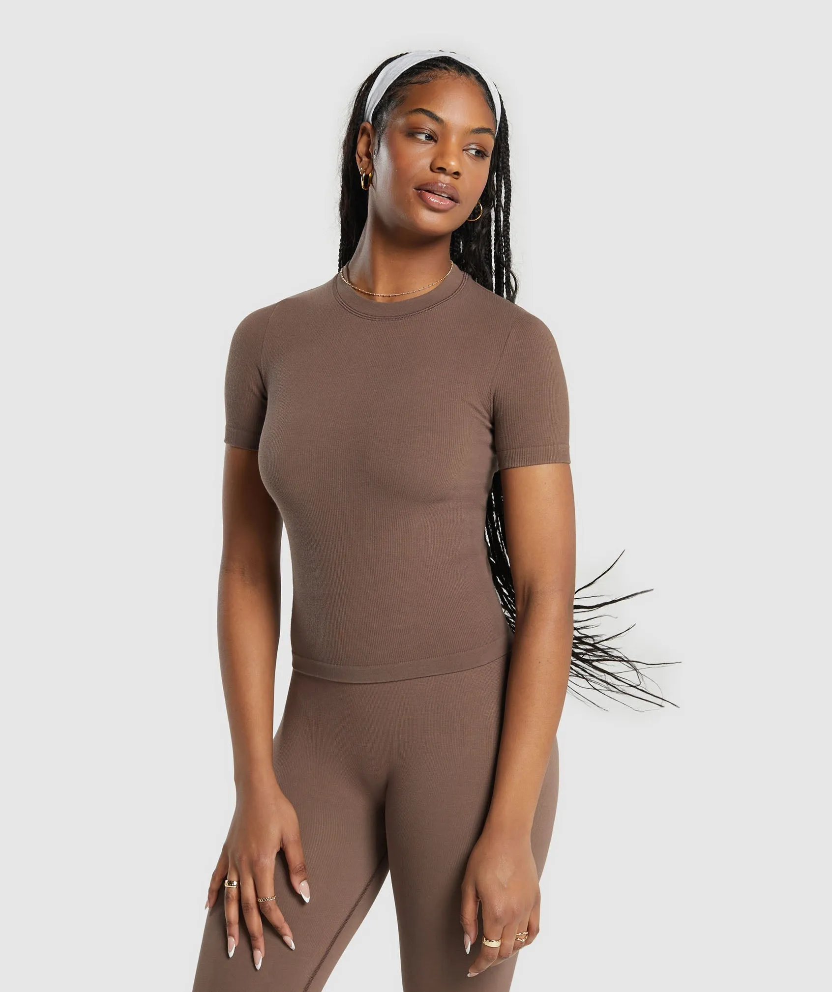 Gymshark Ribbed Cotton Seamless T-Shirt - Soft Brown