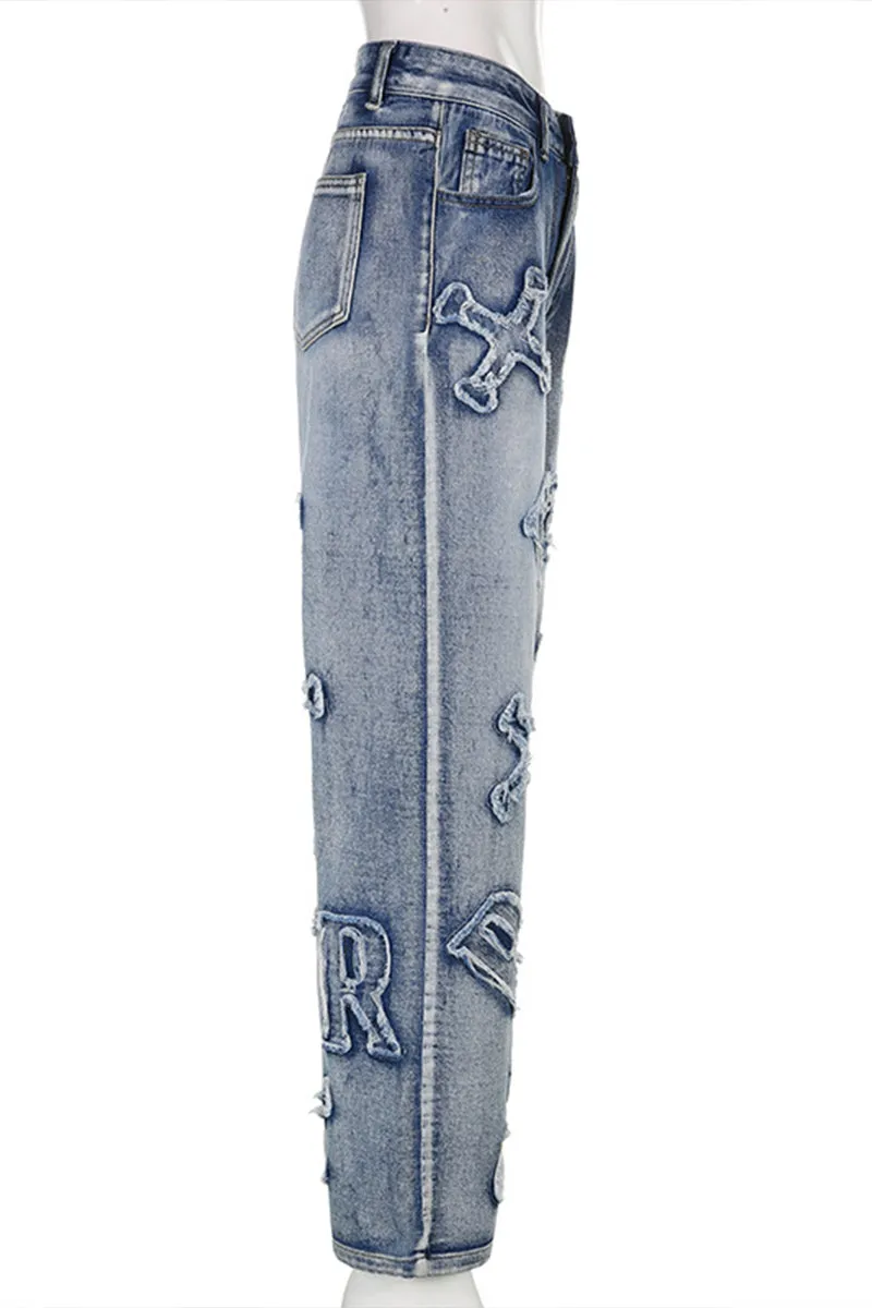 HWT1213 Distressed Patchwork Statement Jeans Pant