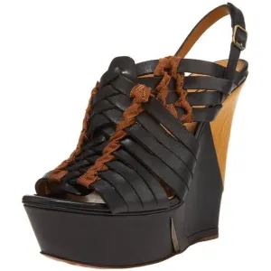 Lanvin Halter Black Leather Huarache Sliced Wedge Sandals