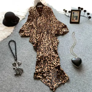 Luxury Leopard Print Bat-Sleeve Cape Dress