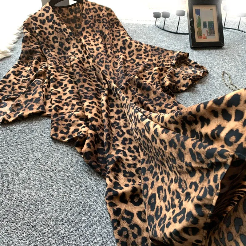 Luxury Leopard Print Bat-Sleeve Cape Dress