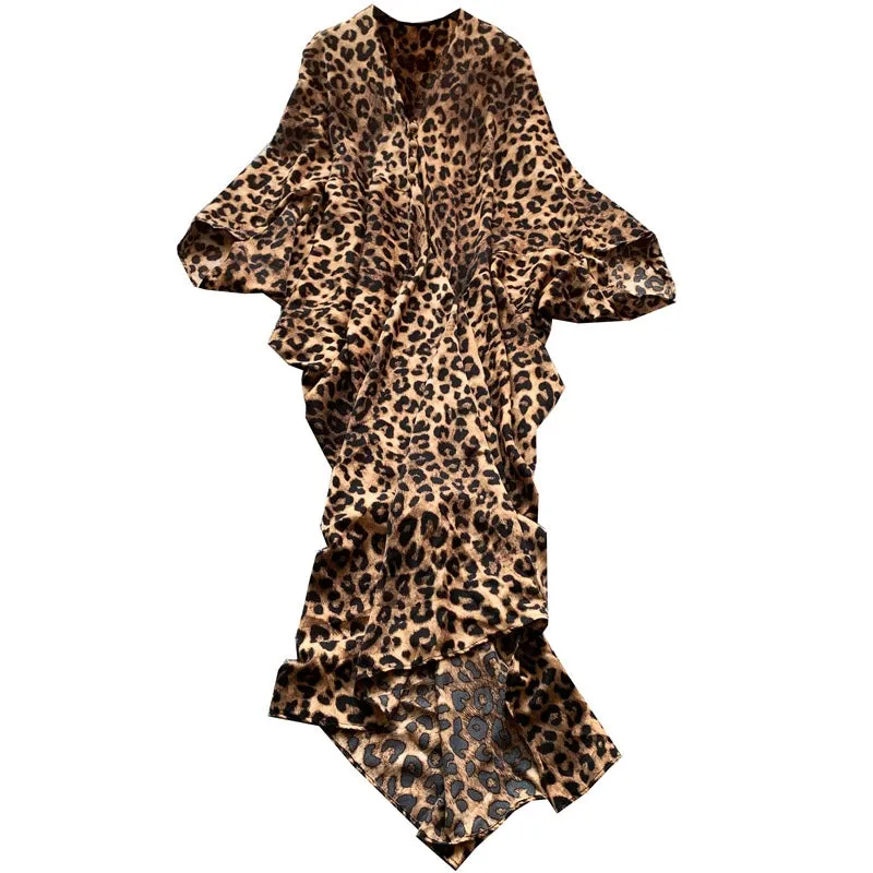 Luxury Leopard Print Bat-Sleeve Cape Dress
