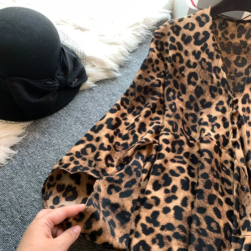 Luxury Leopard Print Bat-Sleeve Cape Dress