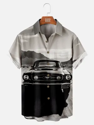 Men's Black and White Mustang in the Desert Short Sleeve Shirt