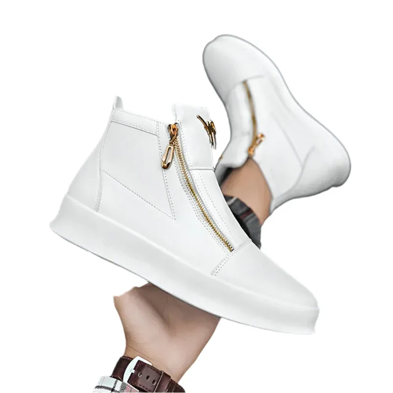 Men’s White Leather High-Top Sneakers – Luxury Platform Skate Shoes for Sport & Street-Style Fashion