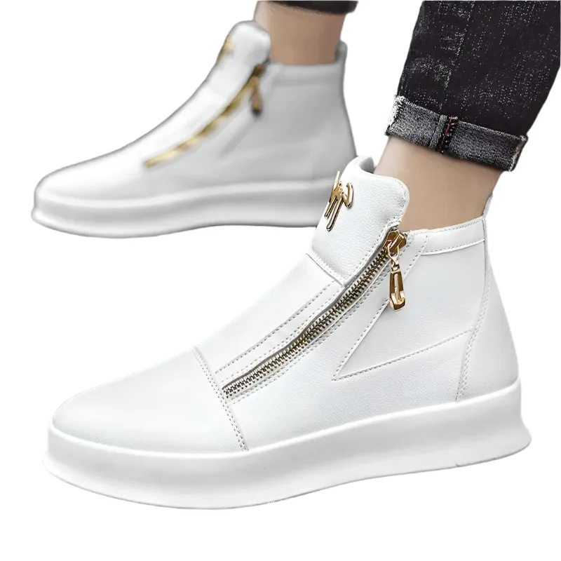 Men’s White Leather High-Top Sneakers – Luxury Platform Skate Shoes for Sport & Street-Style Fashion
