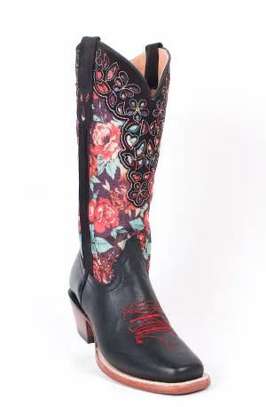 Quincy Boots Womens Grasso and Crazy Leather Floral Print Black Rodeo Toe Western Boot
