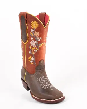 Quincy Boots Womens Volcano Leather Floral Shaft Brown Round Toe Western Boot