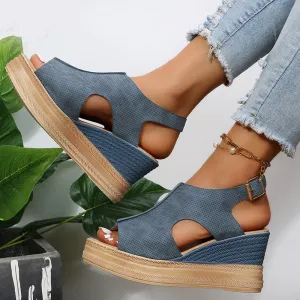 Roman peep toe platform sandals ankle strap hollow wedge sandals