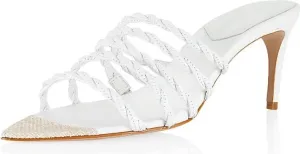 Schutz Lessie White Twisted Straps Slip On Open Toe Stiletto Mid Heel Sandals