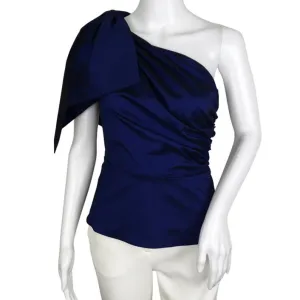 Veronica Beard Women's Armond Taffeta One-Shoulder Top Elegant Bow Ruched Body Blue Sz 2