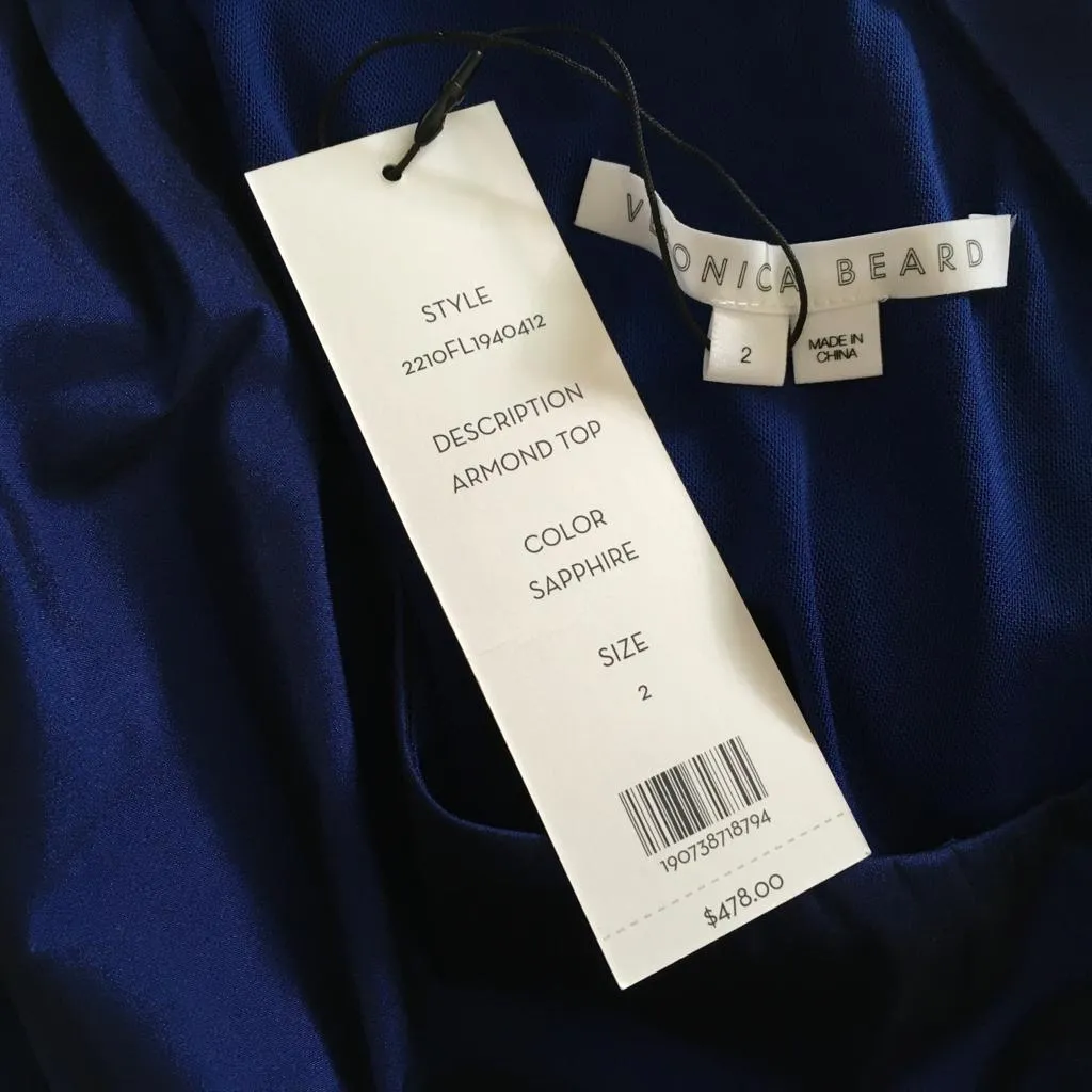 Veronica Beard Women's Armond Taffeta One-Shoulder Top Elegant Bow Ruched Body Blue Sz 2