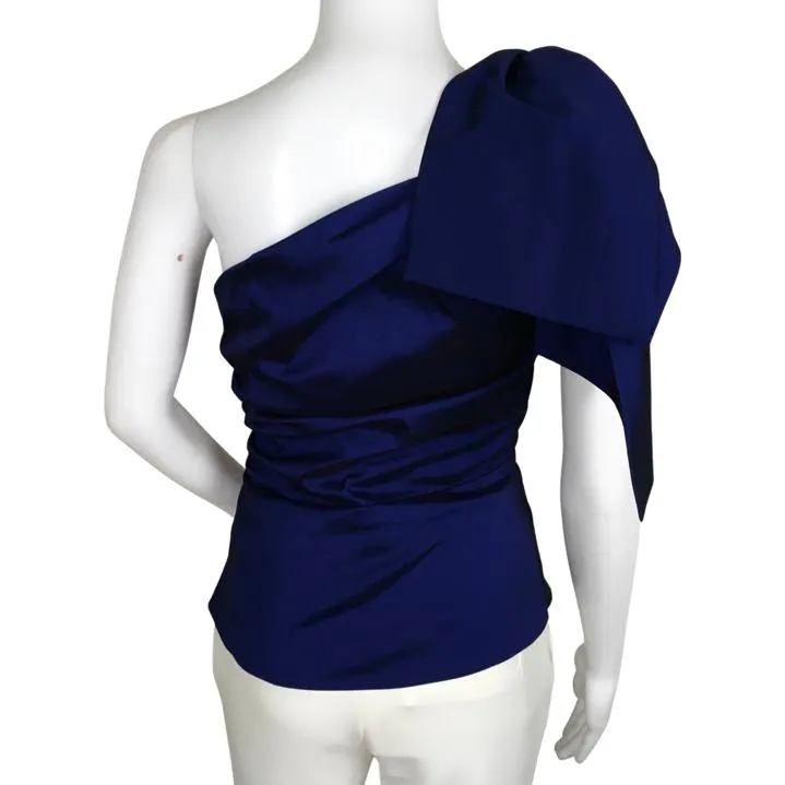 Veronica Beard Women's Armond Taffeta One-Shoulder Top Elegant Bow Ruched Body Blue Sz 2
