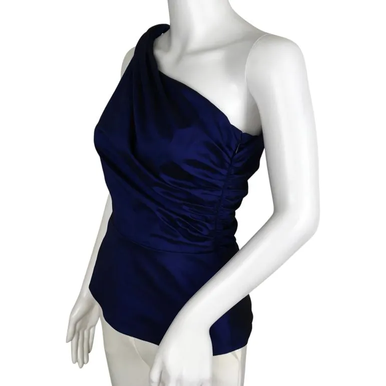Veronica Beard Women's Armond Taffeta One-Shoulder Top Elegant Bow Ruched Body Blue Sz 2