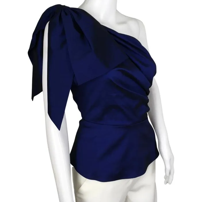 Veronica Beard Women's Armond Taffeta One-Shoulder Top Elegant Bow Ruched Body Blue Sz 2