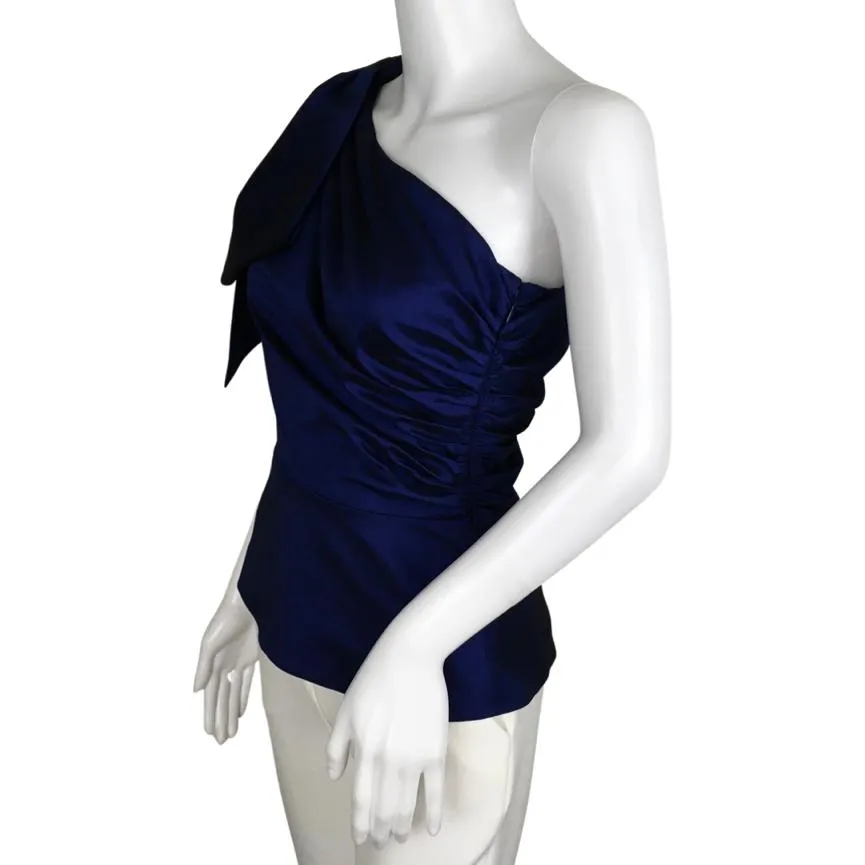 Veronica Beard Women's Armond Taffeta One-Shoulder Top Elegant Bow Ruched Body Blue Sz 2