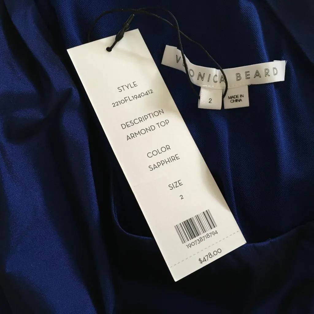 Veronica Beard Women's Armond Taffeta One-Shoulder Top Elegant Bow Ruched Body Blue Sz 2