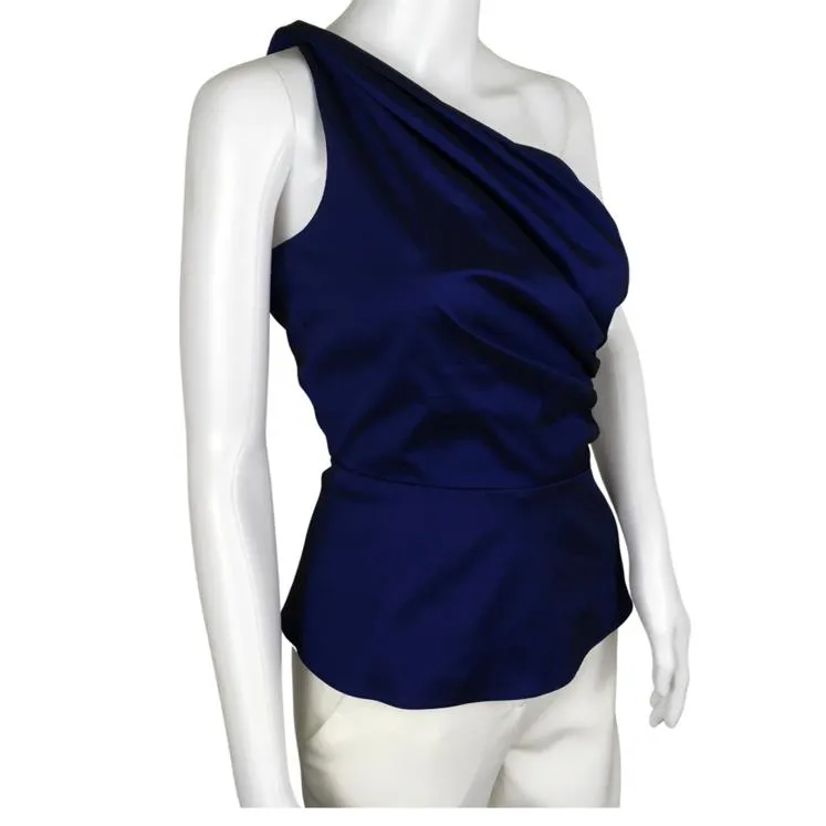Veronica Beard Women's Armond Taffeta One-Shoulder Top Elegant Bow Ruched Body Blue Sz 2
