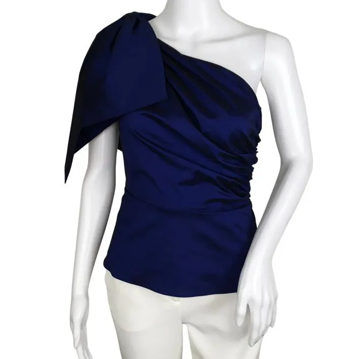 Veronica Beard Women's Armond Taffeta One-Shoulder Top Elegant Bow Ruched Body Blue Sz 2
