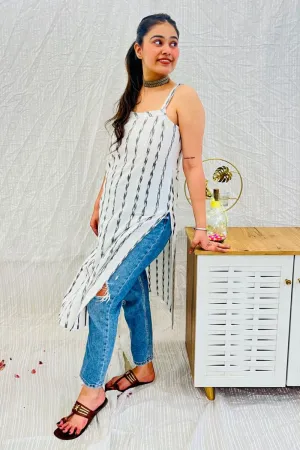 White Ikat Strappy Cotton Kurta