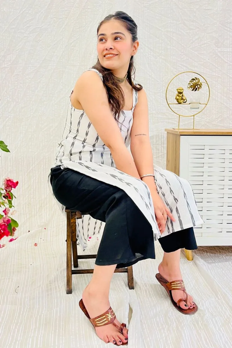 White Ikat Strappy Cotton Kurta