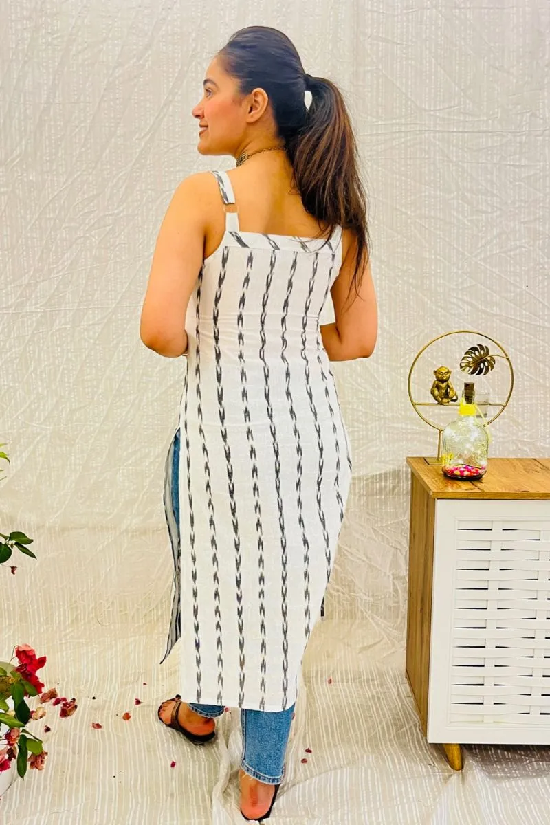 White Ikat Strappy Cotton Kurta