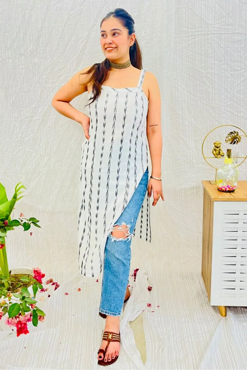 White Ikat Strappy Cotton Kurta