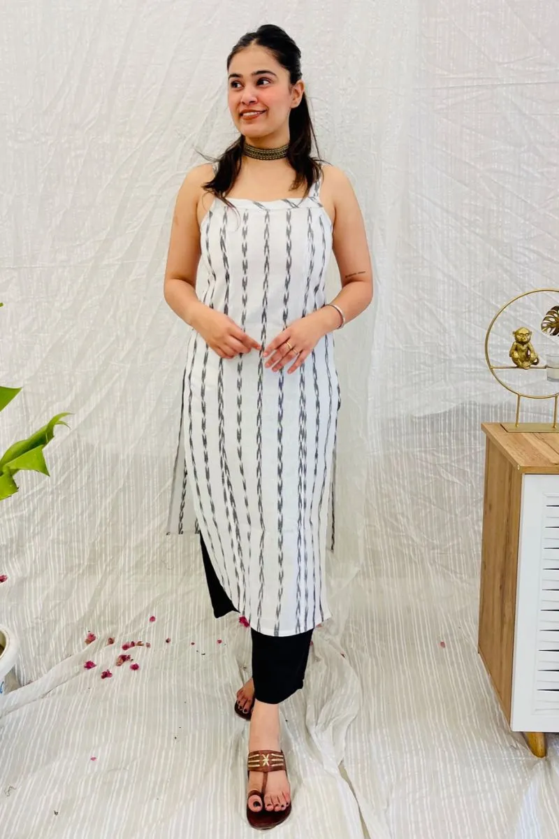 White Ikat Strappy Cotton Kurta
