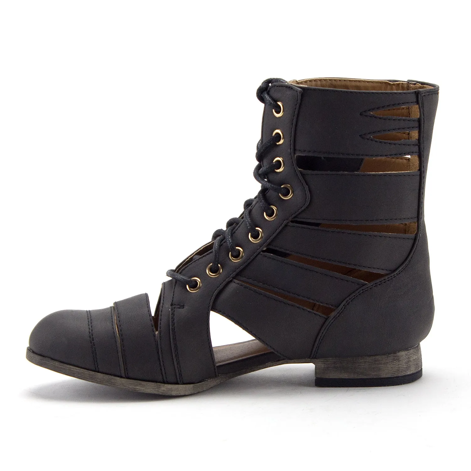 Women's Tosca-124A Tall Calf High Lace Up Cut Out Strappy Military Dress Boots